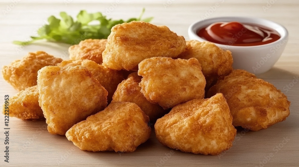 Crispy chicken nuggets scattered on a light wooden surface, with dipping sauces and garnish in the corners. Crispy chicken nuggets scattered on a light wooden surface, with dipping sauces and garnish in the corners.