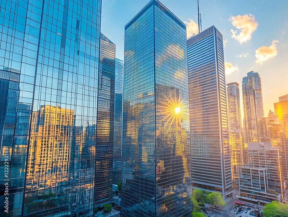 Obraz premium City Skyline Dominated by Tall Glass Skyscrapers Reflecting Sunrise, Modern Urban Architecture with Futuristic Aesthetic in a Serene Morning Glow