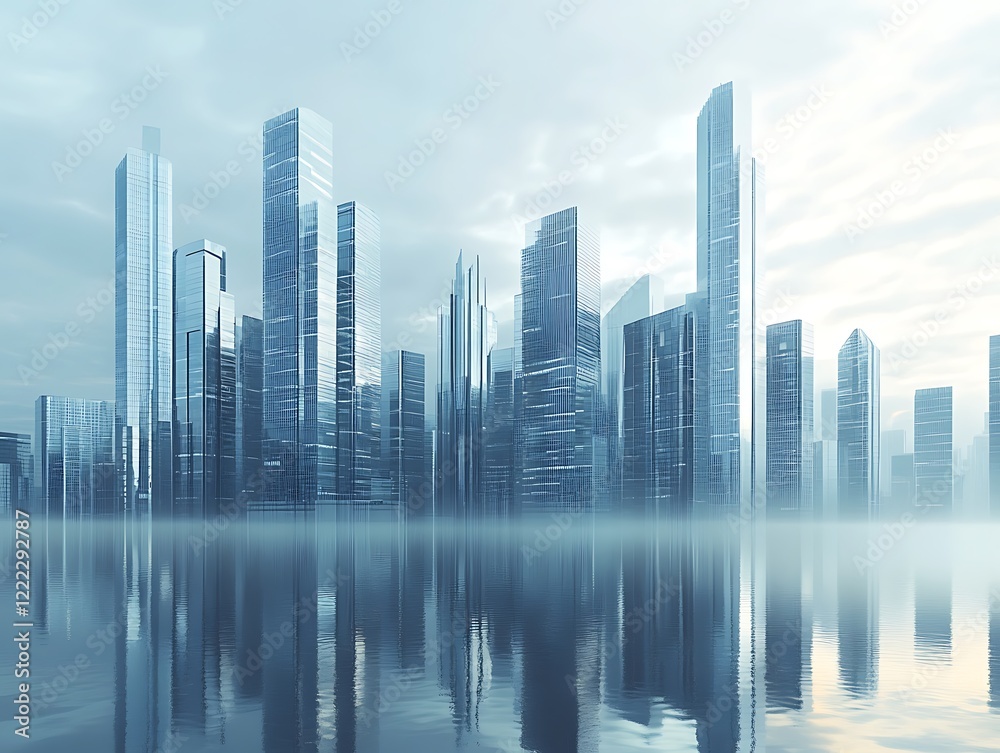 Fototapeta premium City Skyline Dominated by Tall Glass Skyscrapers Reflecting Sunrise, Modern Urban Architecture with Futuristic Aesthetic in a Serene Morning Glow