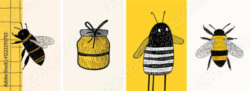 Cute summer bumble bee doodle hand drawn style illustration