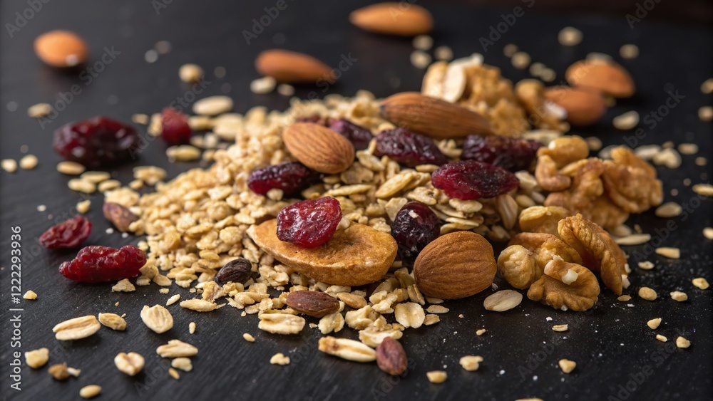 Healthy granola mix featuring oats, nuts, and dried fruits on a rustic surface Healthy granola mix featuring oats, nuts, and dried fruits on a rustic surface