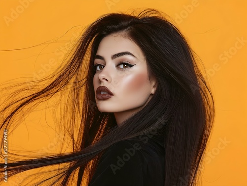 windswept brown hair orange background woman confident look photo