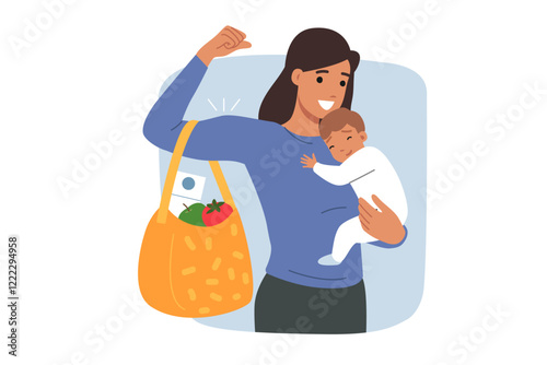 Strong woman, mother of baby, holds sleeping son in hand and carries bag with shopping and supermarket. Mother demonstrates skills of simultaneously traveling to grocery store or raising children
