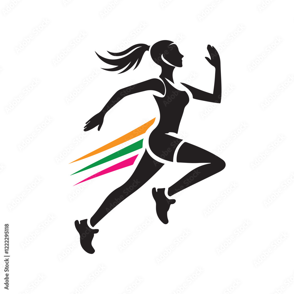 Female runner silhouette with colorful finish line ribbon Female runner silhouette with colorful finish line ribbon
