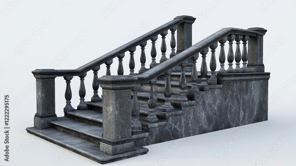 Obraz premium Realistic 3D set of classical balustrade handrails isolated on background. Vector illustration of black stone or marble staircase, balcony, patio design elements. Ancient building decoration details
