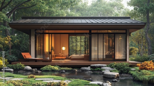 Modern house exterior with swimming pool and outdoor patio surrounded by garden landscaping