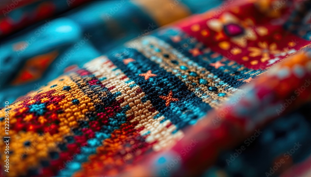 Vibrant multicolored textured fabric with geometric patterns in close-up Vibrant multicolored textured fabric with geometric patterns in close-up