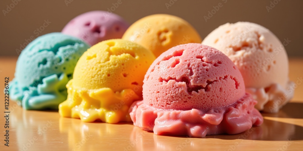 Delightful scoops of rainbow ice cream, melting slightly on a wooden surface. A sweet summer treat! Delightful scoops of rainbow ice cream, melting slightly on a wooden surface. A sweet summer treat!