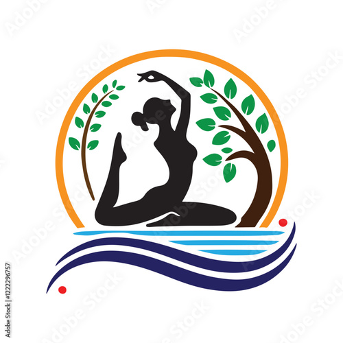 Graceful woman in yoga pose, surrounded by nature, logo design.