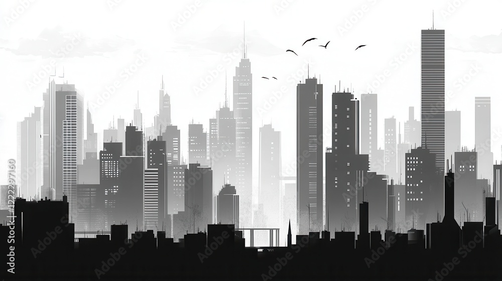 Urban Skyline Silhouette with Birds and cloudy Horizon Line Urban Skyline Silhouette with Birds and cloudy Horizon Line