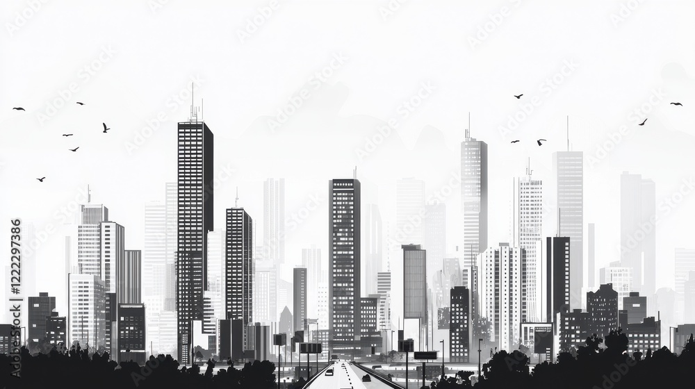 Fototapeta premium Urban Cityscape Illustration with Skyline and Road in Black and White