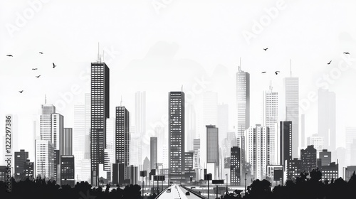 Wallpaper Mural Urban Cityscape Illustration with Skyline and Road in Black and White Torontodigital.ca