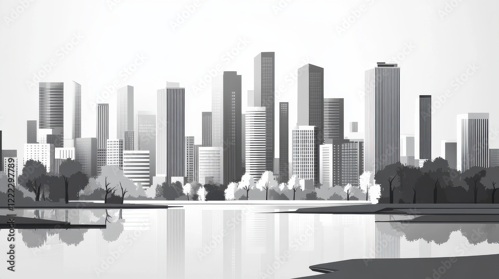 Fototapeta premium Modern Urban Skyline Reflection in a Calm Water Body