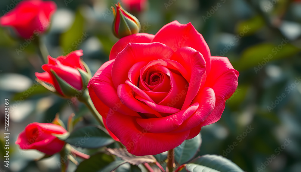 Stunning Red Rose Close Up Blooming in Garden Stunning Red Rose Close Up Blooming in Garden