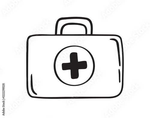 First aid kit hand drawn doodle icon. Drawing first aid kit case icon. Treatment, medicine concept.