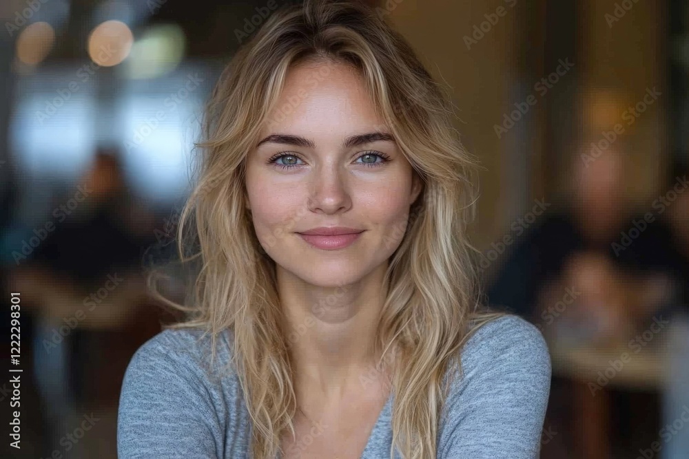 Obraz premium A woman with wavy blonde hair wearing a gray shirt exudes a subtle smile while sitting in a cozy indoor setting, capturing a serene and warm atmosphere.