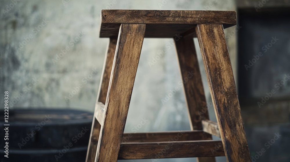Rustic wooden stool against textured wall Rustic wooden stool against textured wall