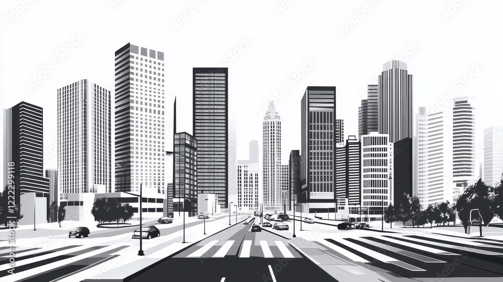 Fototapeta premium Black and White City Skyline Illustration with Urban Architecture Design