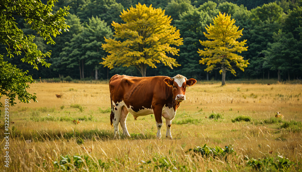 Cow Grazing in a Sunny Meadow