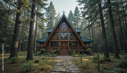 Rustic a-frame cabin in serene forest setting with stone pathway