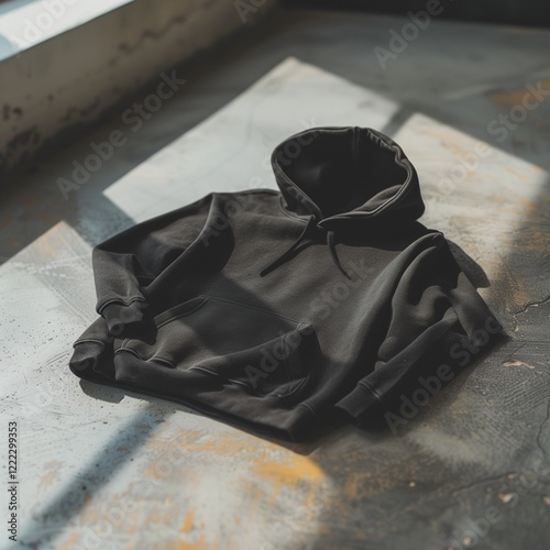 A photograph of a plain black hoodie lying flat on a concrete surface, with its sleeves neatly folded inward, shot with soft natural light from a nearby window,