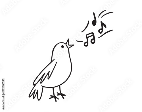 Bird nightingale singing doodle hand drawn icon. Outline drawing bird sing notes line clipart symbol