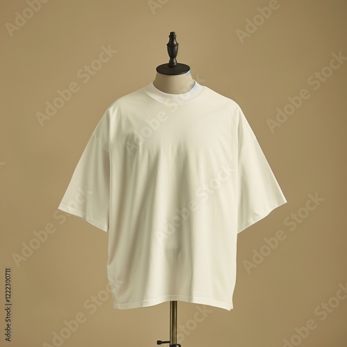 A photograph of an oversized blank white t-shirt styled on a mannequin, with exaggerated sleeves and a drop-shoulder design, set against a neutral beige backdrop