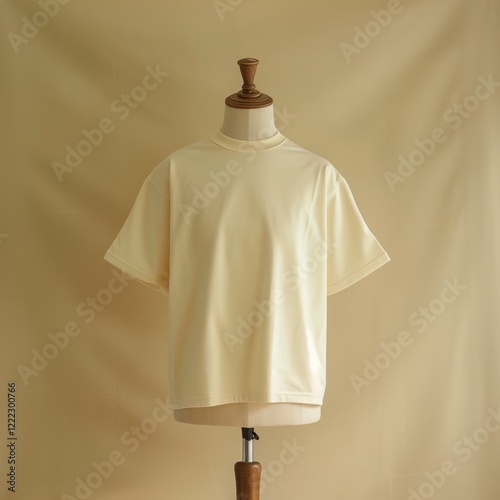 A photograph of an oversized cream-colored crewneck t-shirt displayed on a mannequin with drop shoulders, against a seamless pastel beige backdrop, with no labels or tags visible,