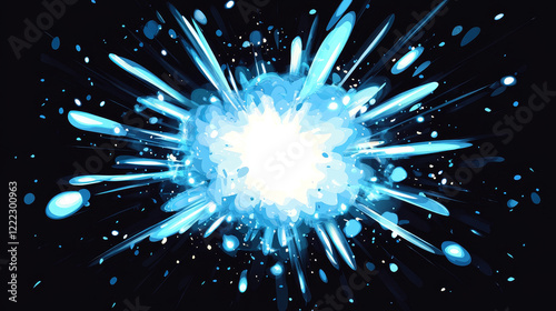 Blue explosion animation sprite sheet isolated on black background. Vector cartoon illustration of light spot, blast boom effect, cloud of smoke spreading and disappearing in air, magic power strike