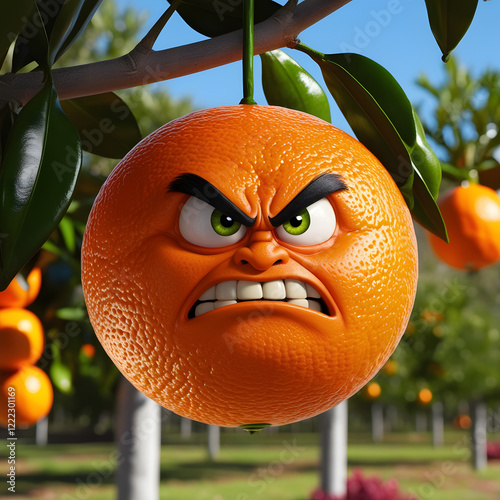 A cartoonish orange with an angry, Photorealistic angry orange character, cartoon face photo