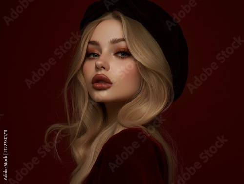 woman blonde hair beret dark background intense gaze dramatic makeup
