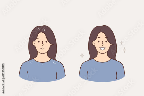 Woman with dandruff on hair is happy after using quality shampoo that allows to get good hairstyle