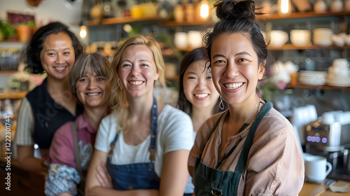 International Women's Day on March 8 with a group of happy women doing business in front of shelves with coffee and tea cans in the background
