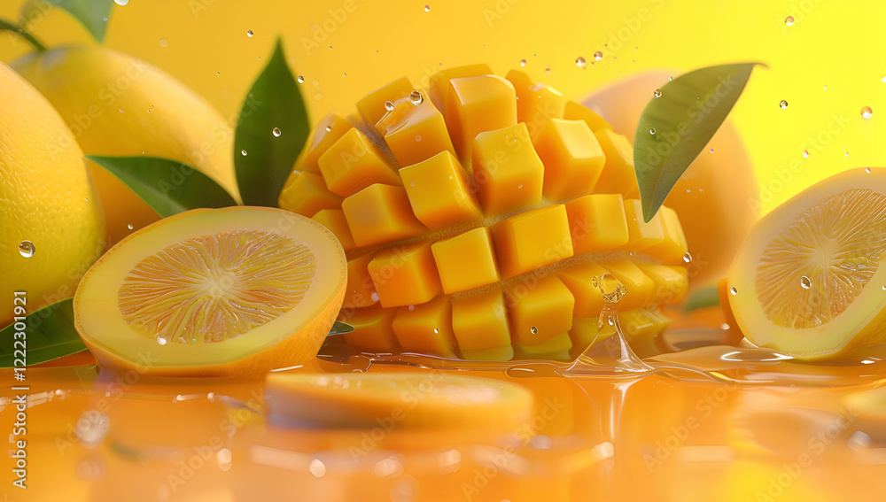 Fototapeta premium Soczyste mango i cytrusy na żółtym tle.