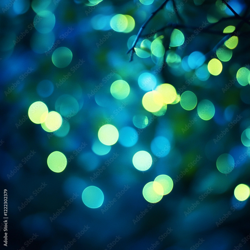Obraz premium Magical blue and green bokeh lights create an enchanting atmosphere in a garden at twilight