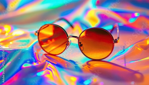 Vibrant round sunglasses on iridescent rainbow background photo