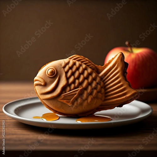a Taiyaki, its fish-shaped form covered in a delicate drizzle of honey. The Taiyaki is filled with a sweet apple cinnamon filling, its warm, spicy flavor , sweet honey. Taiyaki, apple cinnamon, fillin photo