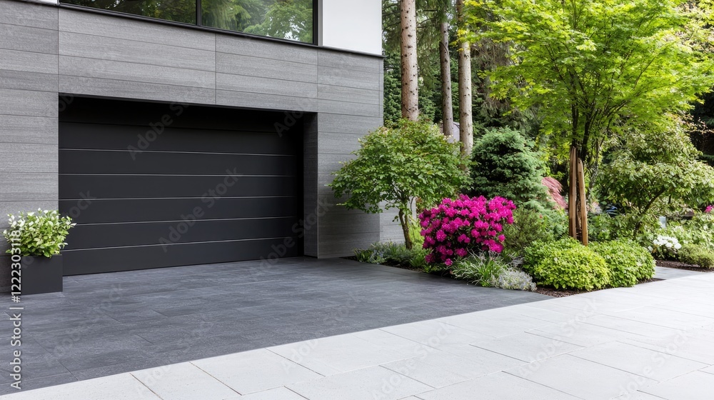Fototapeta premium Modern home garage, lush landscaping, driveway. Real estate, architecture, home design