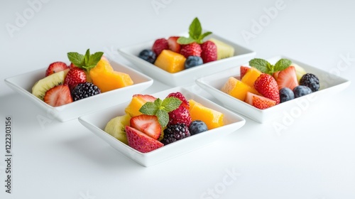 Fresh fruit salad in small bowls, white background, healthy snack. Use food blog, recipe photo