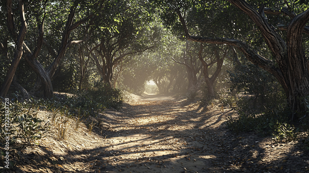 Naklejka premium Serene forest pathway illuminated by soft sunlight, surrounded by lush greenery and gentle shadows