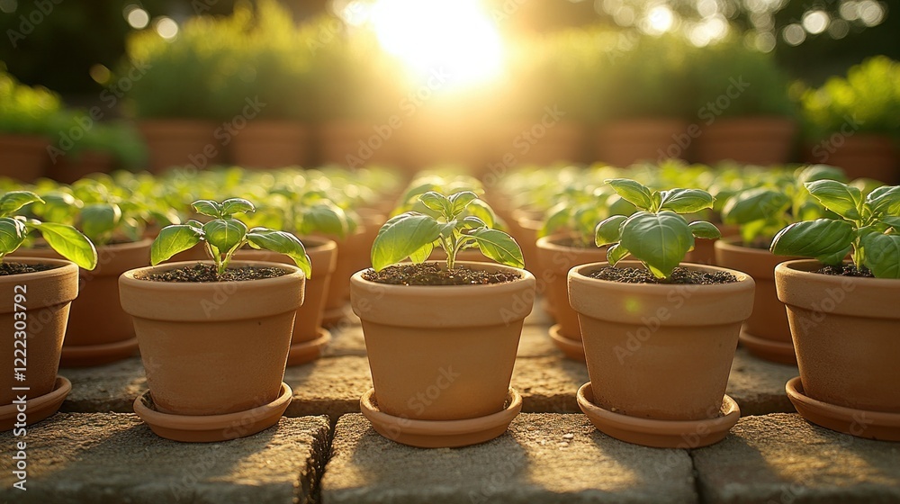 Sunrise over rows of young basil plants in terracotta pots in a greenhouse