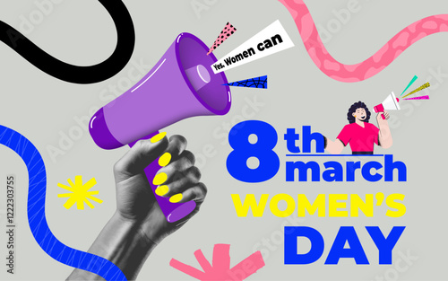 Modern halftone collage for international women's day, woman with woman hand hold megaphone. Banner template for feminism, protest, gender equality. Vector illustration