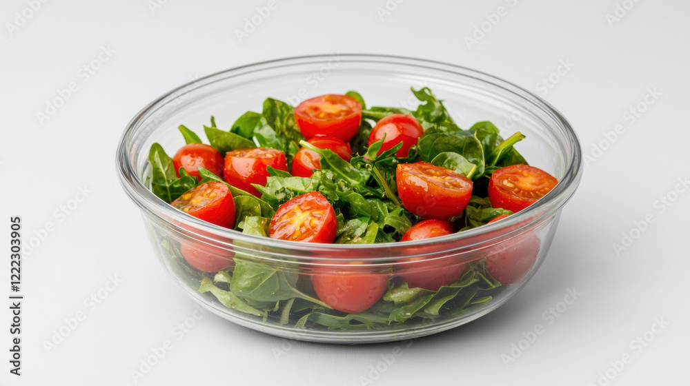 Fresh salad with cherry tomatoes and spinach in clear glass bowl, perfect for healthy meals and vibrant presentations. Enjoy colorful and nutritious combination Fresh salad with cherry tomatoes and spinach in clear glass bowl, perfect for healthy meals and vibrant presentations. Enjoy colorful and nutritious combination
