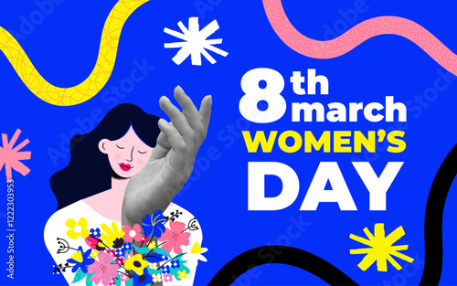 Modern halftone collage for international women's day. March 8 concept. Banner template for International women's day, feminism, protest, gender equality. Vector illustration