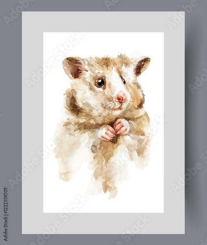 Small hamster with big cheeks and body covered with brown fur on wall art. Watercolor artwork. Print with funny pet hamster holding paws in front of chest, in frame with decor for poster