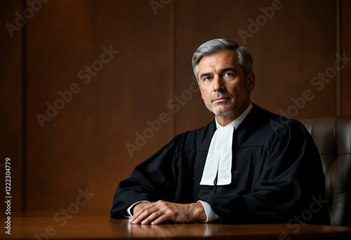 Person in judicial robe sitting at wooden desk in courtroom. Professional legal portrait against dark brown background. Authority and justice concept for law firm website or legal services photo