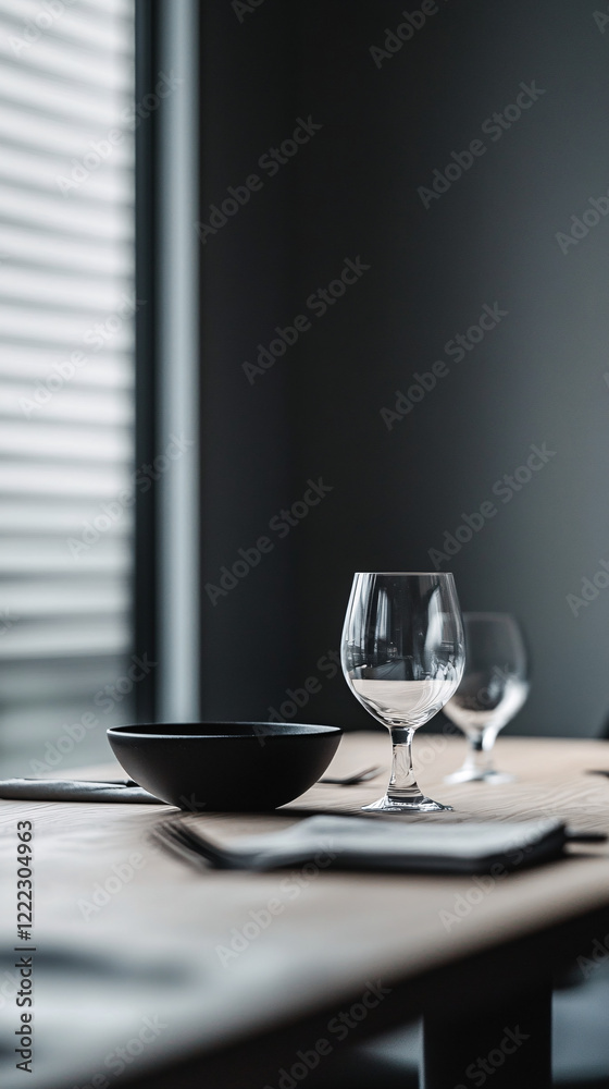 minimalist table setting with wine glass and bowl in a modern interior minimalist table setting with wine glass and bowl in a modern interior