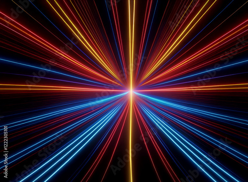 Vibrant, radiating lines of red, blue, and orange converge at a central point, creating a dynamic, starburst effect against a black background.  The image evokes a sense of speed and energy.
