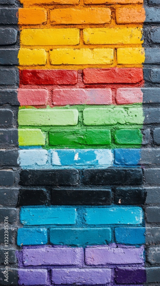 Fototapeta premium Brightly painted bricks form an eye-catching mural that brings life to a dull wall. The colorful section radiates energy, inviting onlookers to appreciate urban artistry in a lively neighborhood
