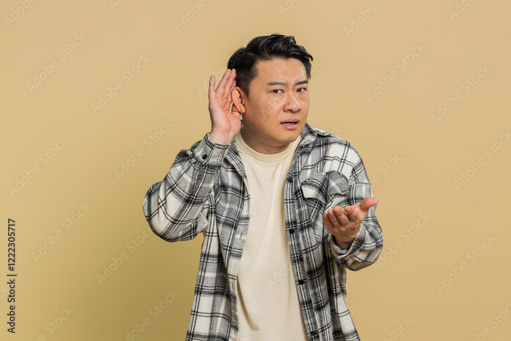 I cant hear you. What. Asian middle-aged man trying hear you, looking confused and frowning, keeping arm near ear for louder voice, asking to repeat, to hear information, deafness. Chinese mature guy I cant hear you. What. Asian middle-aged man trying hear you, looking confused and frowning, keeping arm near ear for louder voice, asking to repeat, to hear information, deafness. Chinese mature guy